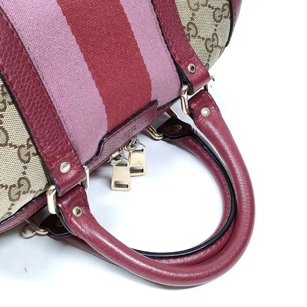 Gucci Vtg GG Beige Supreme Pink Red Web & Leather Joy Boston Tote Bag Auth Small
